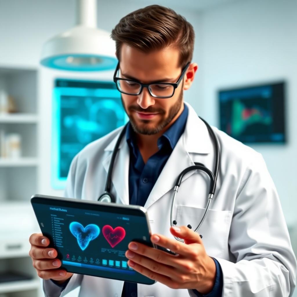 Cardiologist reviewing heart data on tablet